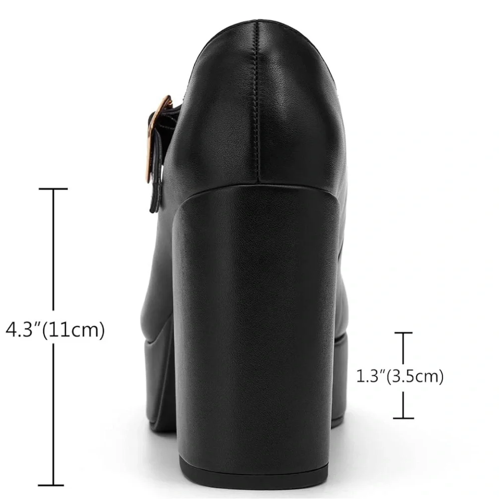 T-Strap Round Toe Platform Heels Chunky Heel - Picture 6 of 6